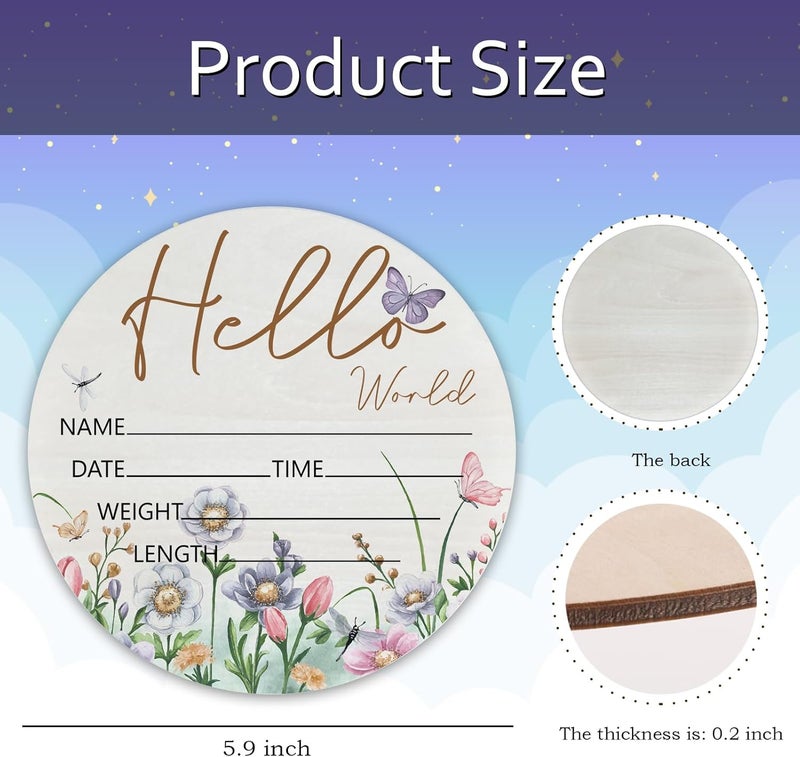CLHHM Hello World Butterfly Theme Baby Name Sign Birth Announcement Plaque with Name Date Weight 6" Round Birch Wood Nursery Decor Newborn Hospital Keepsake Gift for Parents - Image 2